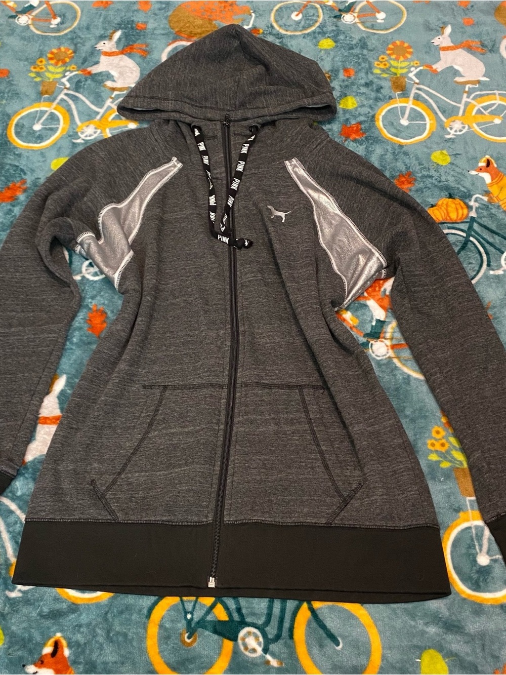 PINK Victoria's Secret Silver & Gray Hooded Zip Jacket w/ Embroidered Logo